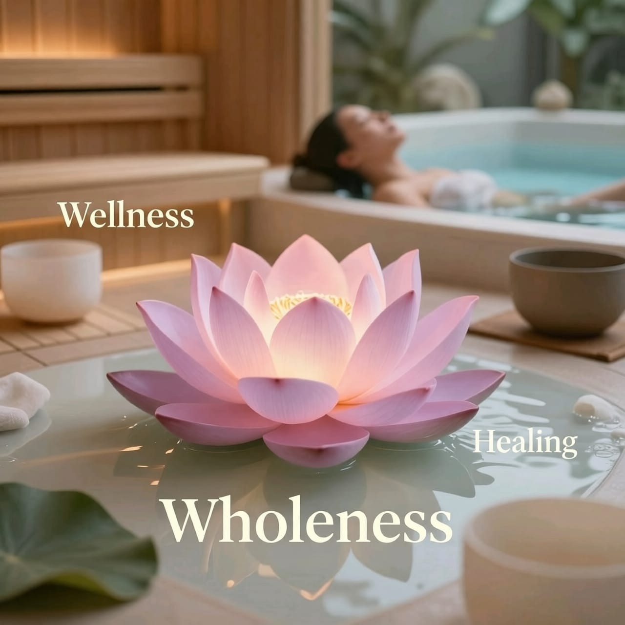 Glowing pink lotus flower in a tranquil spa setting symbolizing wellness, healing, and wholeness