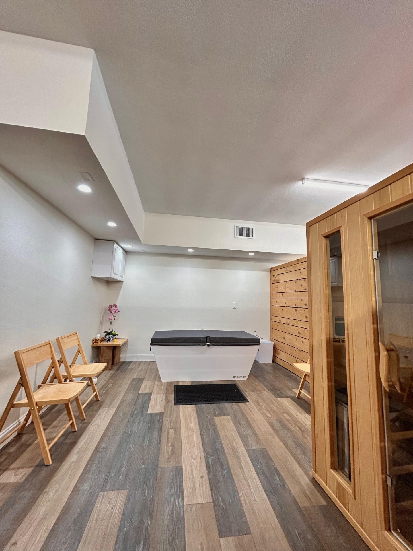 Cold plunge and sauna recovery room at The Lotus Zone